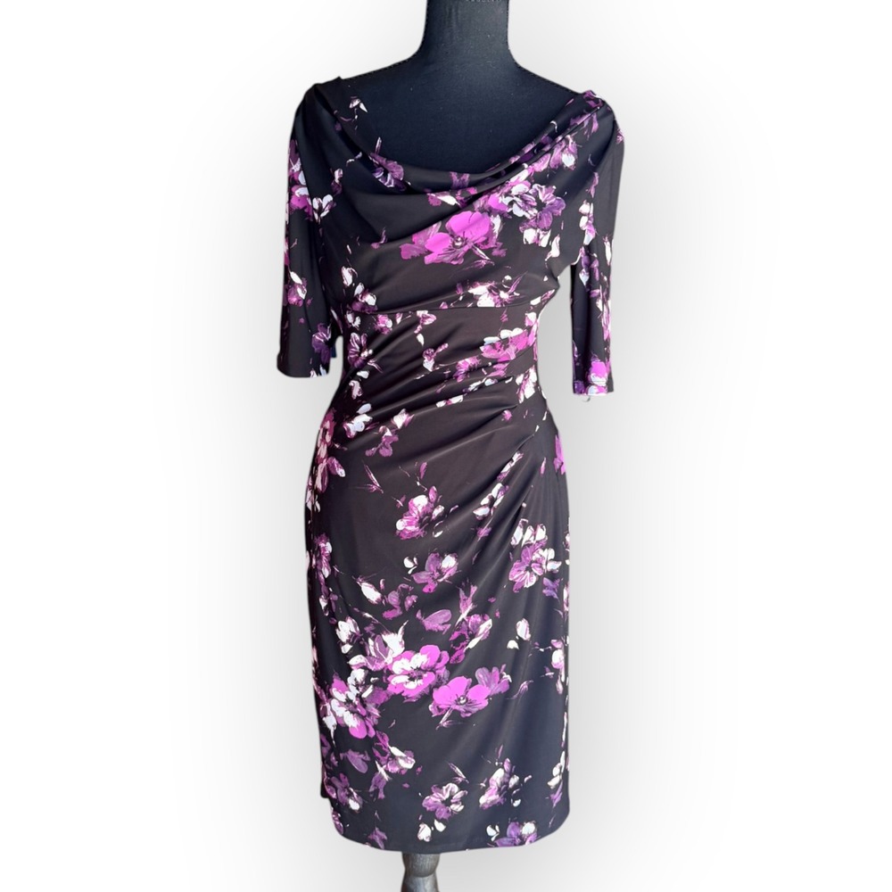 Whimsigoth Floral Midi Dress Cowl Neck Ruched Jersey Cocktail Wedding Guest 6